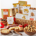 Gift basket with assorted snacks, cheese, crackers, and popcorn