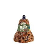 Bell-shaped bird feeder filled with nuts and fruit