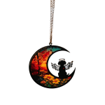 Moon-shaped hanging ornament with a winged angel silhouette and floral scene