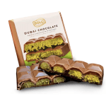 Box of Dubai chocolate bars with pistachio filling and two broken pieces