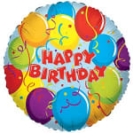 Round birthday balloon with colorful balloons and "Happy Birthday" text