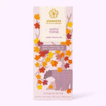 Maple toffee dark chocolate bar package with autumn leaf illustrations