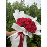 Large bouquet of red roses wrapped in white paper with a red ribbon, held in front of dense shrubs.