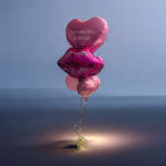 Pink heart and lips balloons with a message, tied together on strings