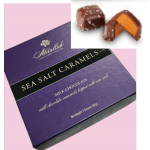 Box of sea salt caramel chocolates with two pieces shown