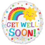 Round balloon with rainbow, sun, and "GET WELL SOON" text