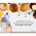 Tea cups with flowers and gift bags beside a floral gift set