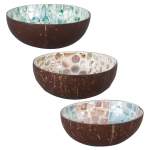 Three decorative coconut shell bowls with mosaic interiors