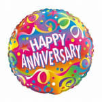 Round foil balloon with "Happy Anniversary" text in bright colors