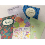 Assorted greeting cards with messages like Happy Anniversary, In Sympathy, and Congratulations.