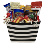 Striped gift basket filled with assorted snack and candy packages