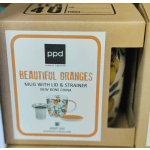 Boxed orange-pattern mug with lid and strainer