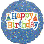 Round birthday balloon with colorful "Happy Birthday" text