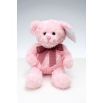 Pink plush teddy bear with a plaid bow and hanging tag