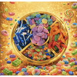 Colorful candy assortment arranged in a gold circular tray