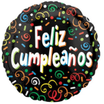 Round black balloon with colorful confetti and "Feliz Cumpleaños" text