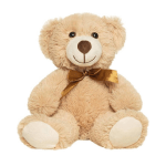 Plush teddy bear with a gold ribbon bow