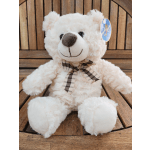 White teddy bear with a plaid bow sitting on a wooden surface