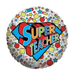 Round balloon with colorful "Super Teacher" text and school icons