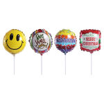 Four foil balloons on sticks with smiley, get well, congratulations, and Christmas designs.