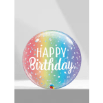 Rainbow birthday balloon with white text and confetti dots