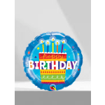 Blue birthday balloon with a cake graphic and candles