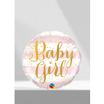 Round foil balloon reading "Baby Girl" in pink, white, and gold