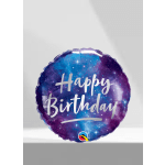 Round foil balloon with "Happy Birthday" text in purple and blue