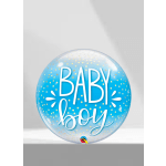 Blue balloon with "BABY boy" text and gold polka dots