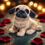 Plush pug puppy surrounded by red rose petals and warm lights