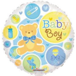 Round baby boy balloon with teddy bear and bottle graphics