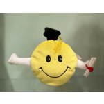 Smiling yellow plush graduation character with a black cap and diploma