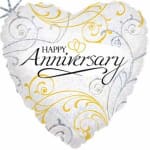 Heart-shaped anniversary balloon with gold and silver swirls