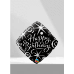 Black birthday foil balloon with white lettering and starburst graphics