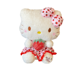 Hello Kitty plush toy in a strawberry outfit holding a strawberry