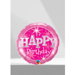 Pink birthday balloon with the words Happy Birthday