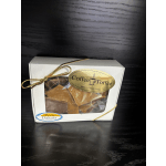 Box of coffee toffee candy tied with a gold ribbon