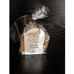 Wrapped bag of sea salt caramels with a brown ribbon