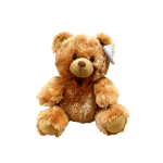 Brown plush teddy bear with a ribbon bow on a white background
