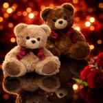 Two teddy bears with red bows sit against a warm bokeh background.