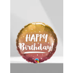 Round gold and pink birthday balloon with white text