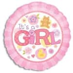 Pink round balloon with "It's a GIRL" text and baby-themed icons