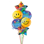 Bouquet of colorful foil balloons with smiley faces and happy retirement messages.