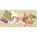 Assorted birthday greeting cards with colorful designs and balloons