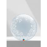 Clear round balloon with white scrolling patterns around the edges.