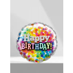Round birthday balloon with colorful confetti and "Happy Birthday!" text