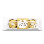 Three Ferrero Rocher chocolates in gold wrappers inside clear packaging