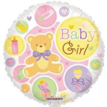 Round balloon with a teddy bear and the words Baby Girl