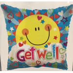 Colorful square balloon with a smiling sun and the word Get Well
