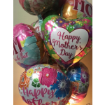Cluster of colorful heart-shaped Mother's Day balloons